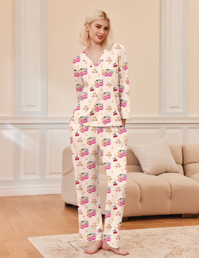 2er-Pyjama-Set Langarm mit V-Ausschnitt und langen Hosen, Teddy/Pink Dots