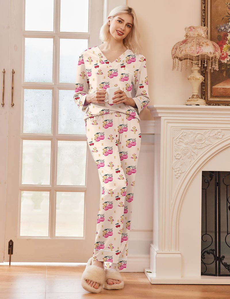 2er-Pyjama-Set Langarm-V-Ausschnitt mit Knopfleiste und langen Hosen, Teddy/Pink Dots