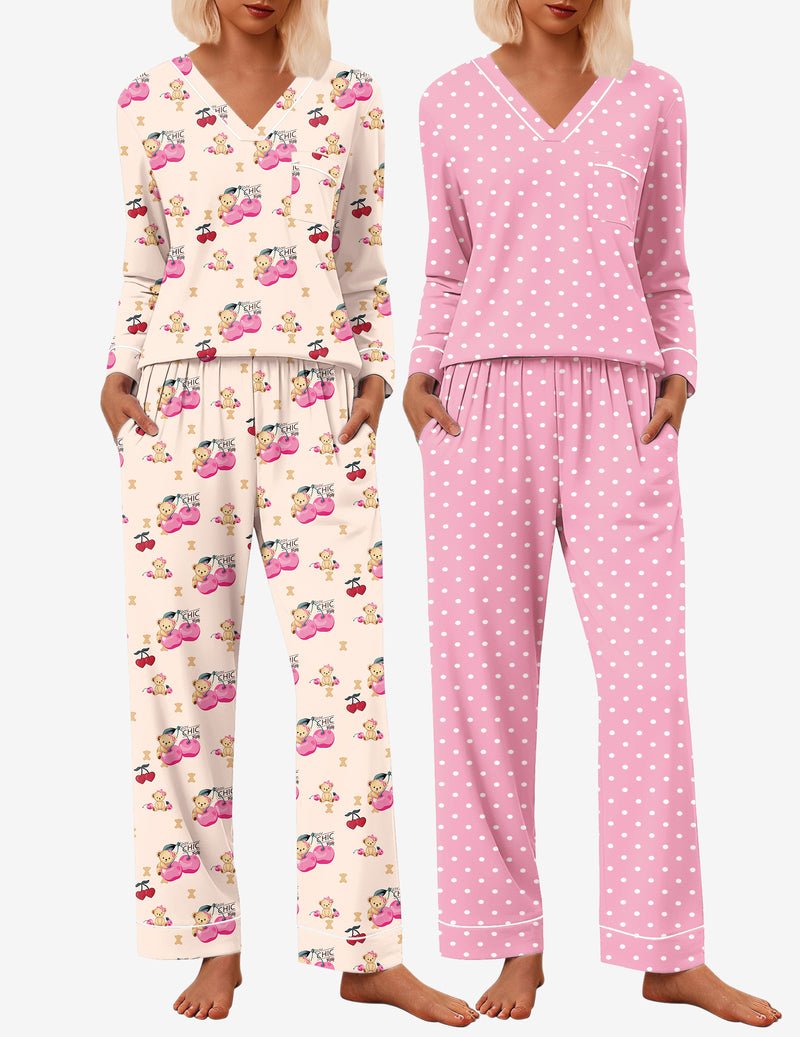 2er-Pyjama-Set mit V-Ausschnitt, Langarm und langen Hosen, Teddy/Pink Dots Muster