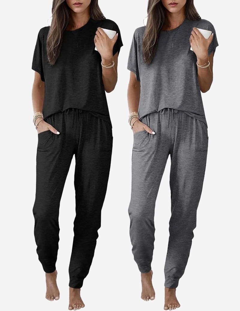2 Pack pajama sets: black and charcoal gray short-sleeve tops with gathered jogger cuffs