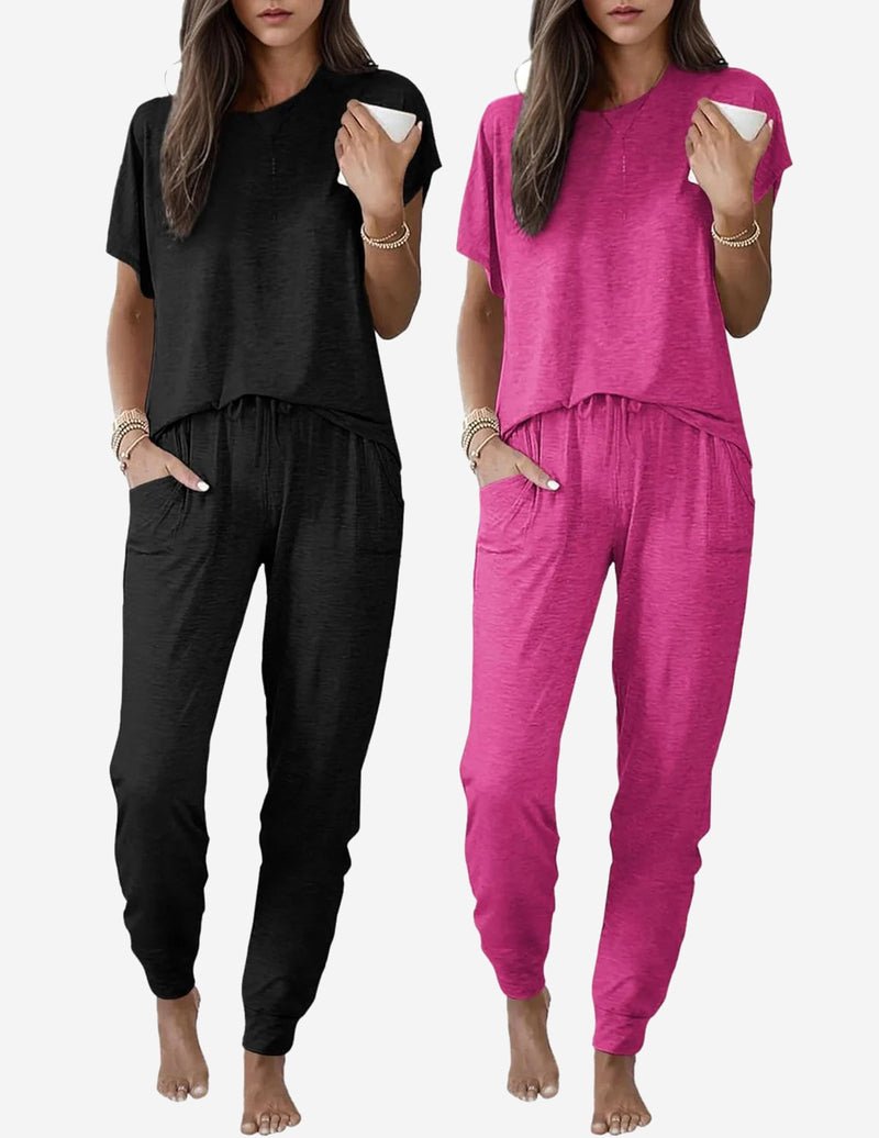 2 Pack pajama sets: black and hot pink short-sleeve tops with tapered jogger pants