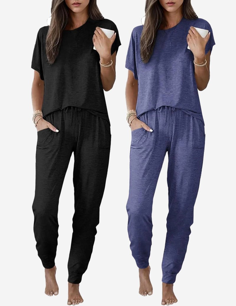 2 Pack pajama sets: black and heather blue short-sleeve henley tops with joggers