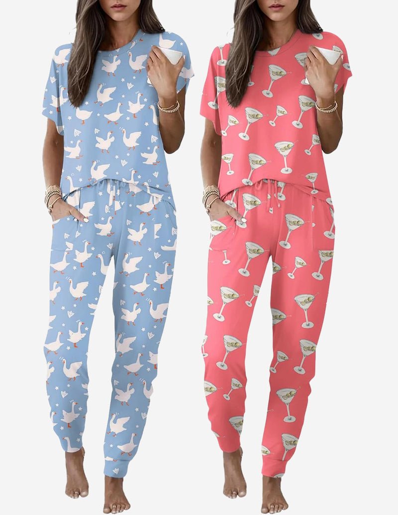 2 Pack pajama sets: light blue animal pattern & pink margarita pattern short-sleeve joggers