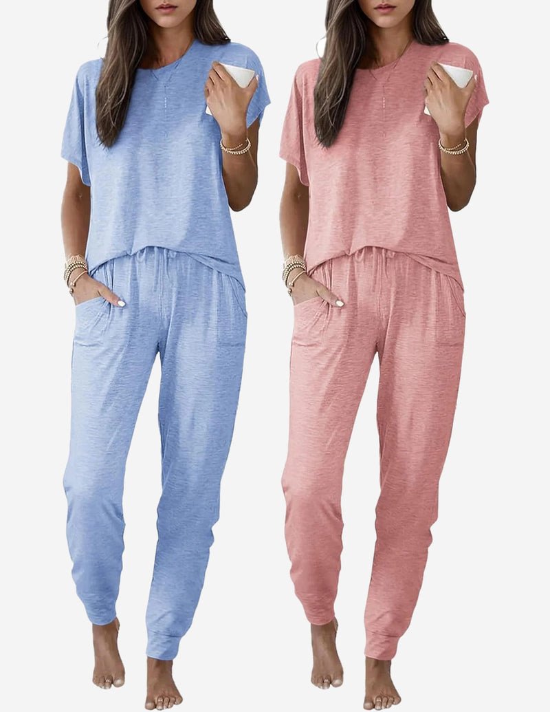2 Pack pajama sets: light blue & dusty rose short-sleeve tops with gathered jogger legs