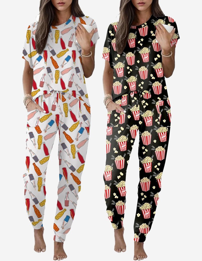 2-pack pajama set: white popsicle print and black popcorn print, short-sleeve with joggers
