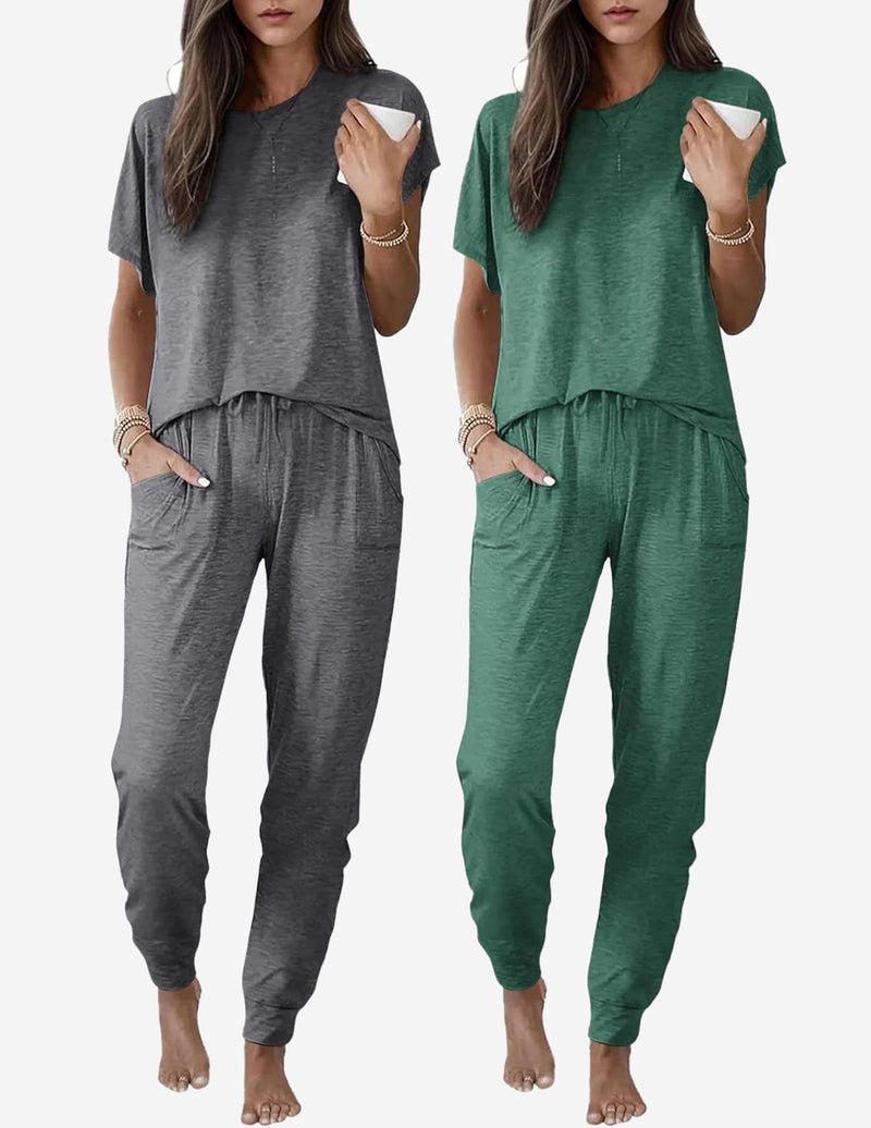 2 Pack pajama sets: heather gray and green short-sleeve tops with drawstring jogger pants
