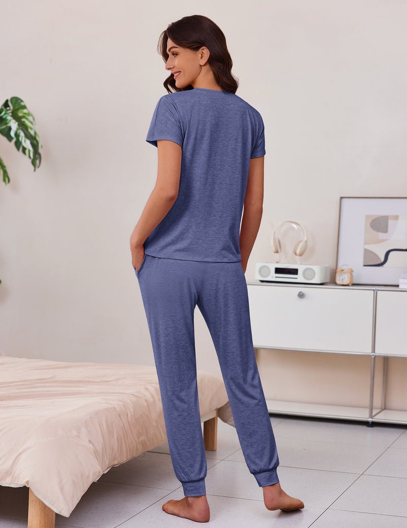 2-pack pajama set in blue melange: back view of short-sleeve top with joggers