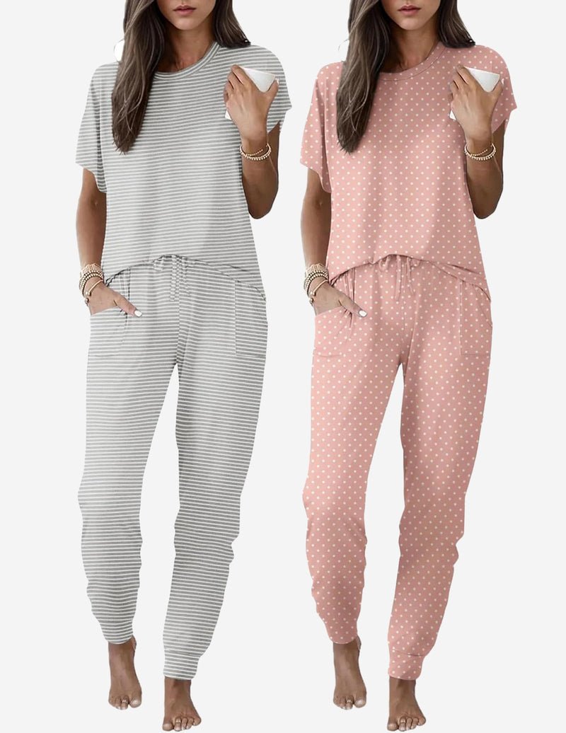 2-pack pajama set: gray stripe top/pants and pink with white dot lounge set, drawstring joggers