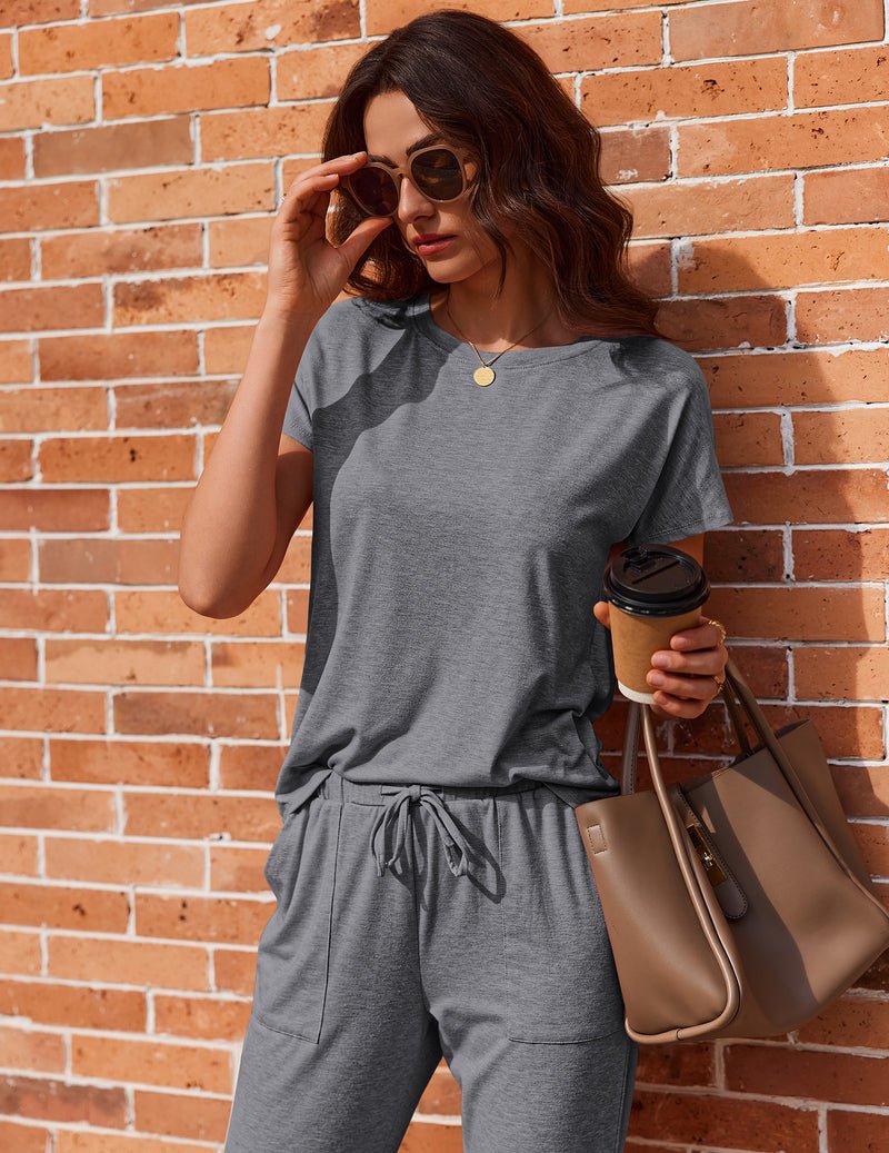 2-pack pajama set in heather gray: short-sleeve lounge top with drawstring jogger pants
