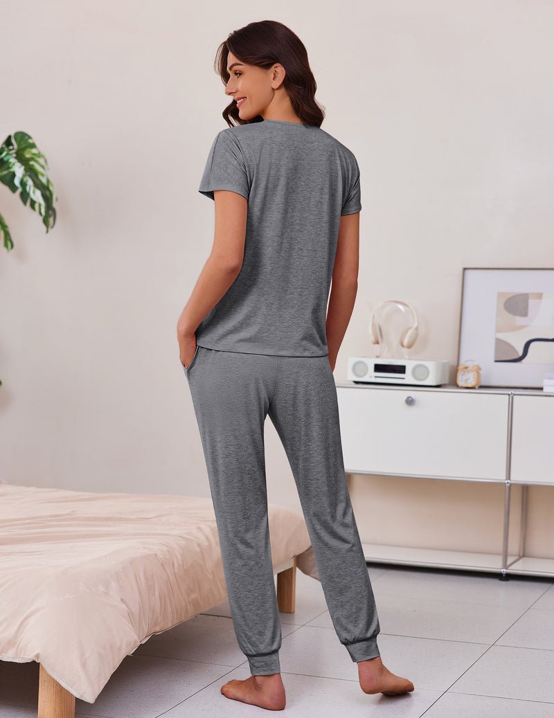 2-pack pajama set in heather gray: short-sleeve crew top with matching joggers