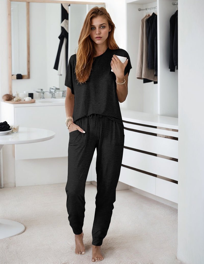 2-pack pajama set in dark charcoal: short-sleeve top and matching tapered jogger pants