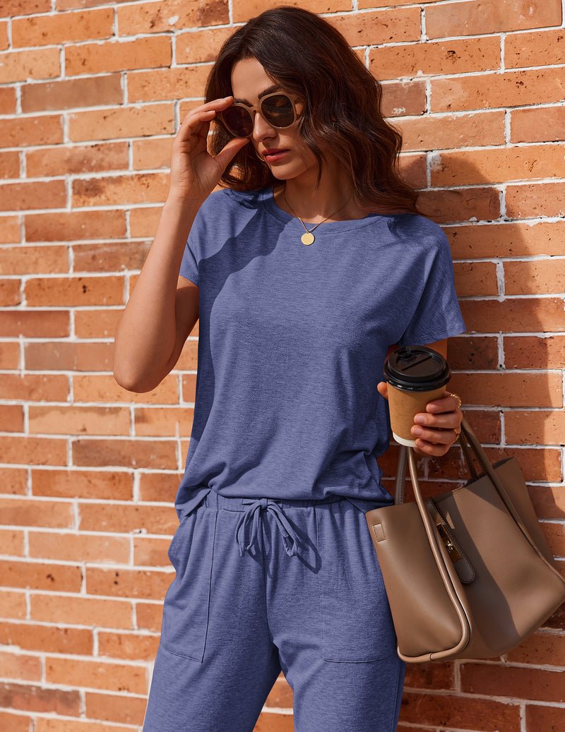 2-pack pajama set in blue melange: short-sleeve lounge top and drawstring jogger pants