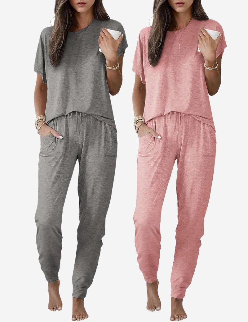 2 Pack pajama sets: heather gray and dusty rose short-sleeve tops with drawstring pants