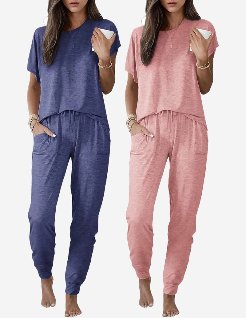 2 Pack pajama sets with short-sleeve tops and drawstring joggers: navy blue & dusty rose