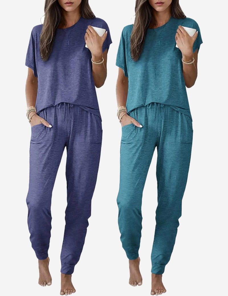 2 Pack pajama sets: navy blue and teal short-sleeve henley tops with drawstring joggers