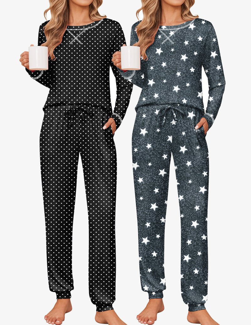 2-pack pajama set: black with white polka dots and dark star-print long-sleeve joggers