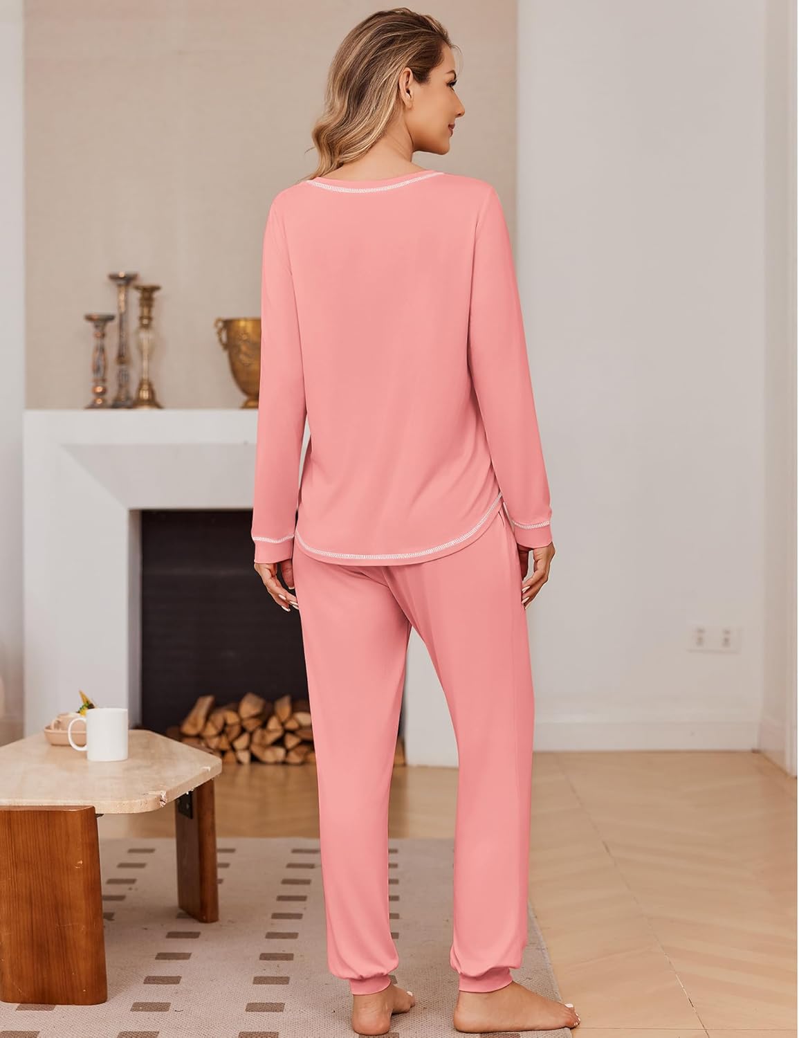 2-pack pajama set jogger, long sleeves, pink knit with striped trim on back