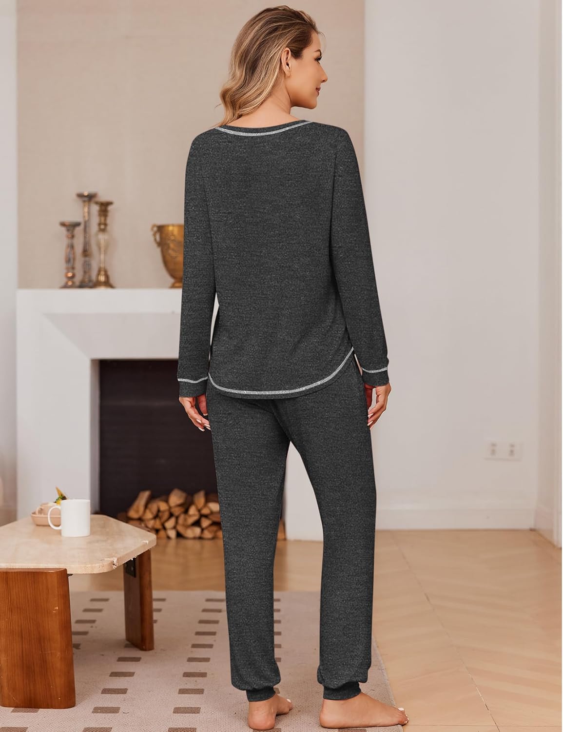 Dark grey long-sleeve pajama set with jogger pants and contrast trim, back view