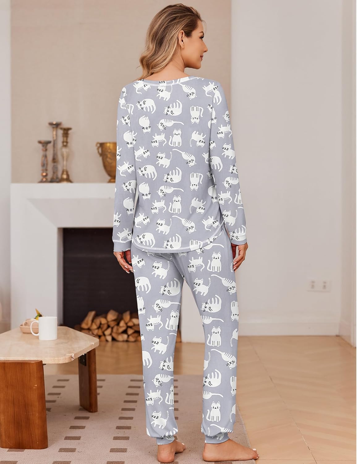 Light gray elephant-pattern pajama set with jogger pants, back view