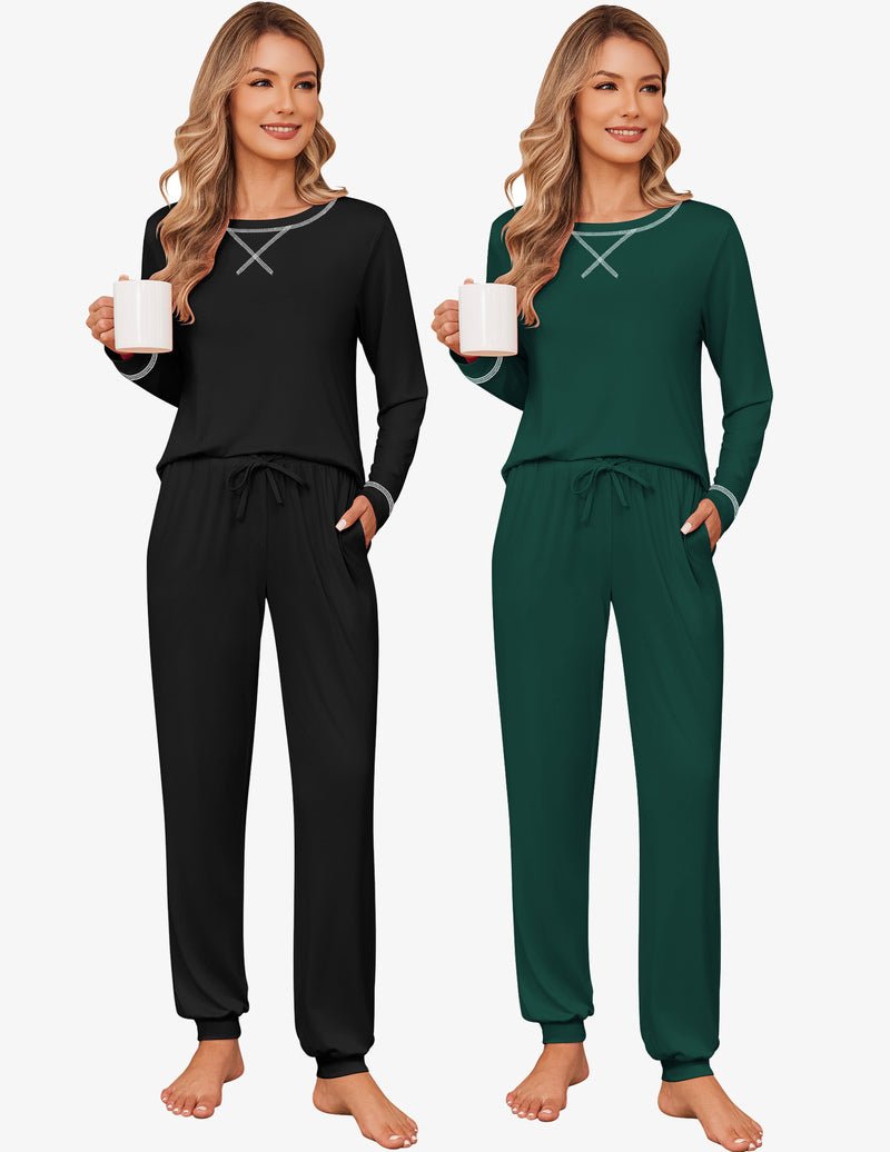 2-pack pajama set with long sleeves and jogger pants: black and deep green