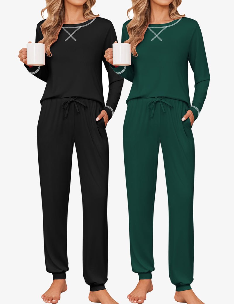 2-pack lounge set: solid black long-sleeve top with jogger pants plus dark green set