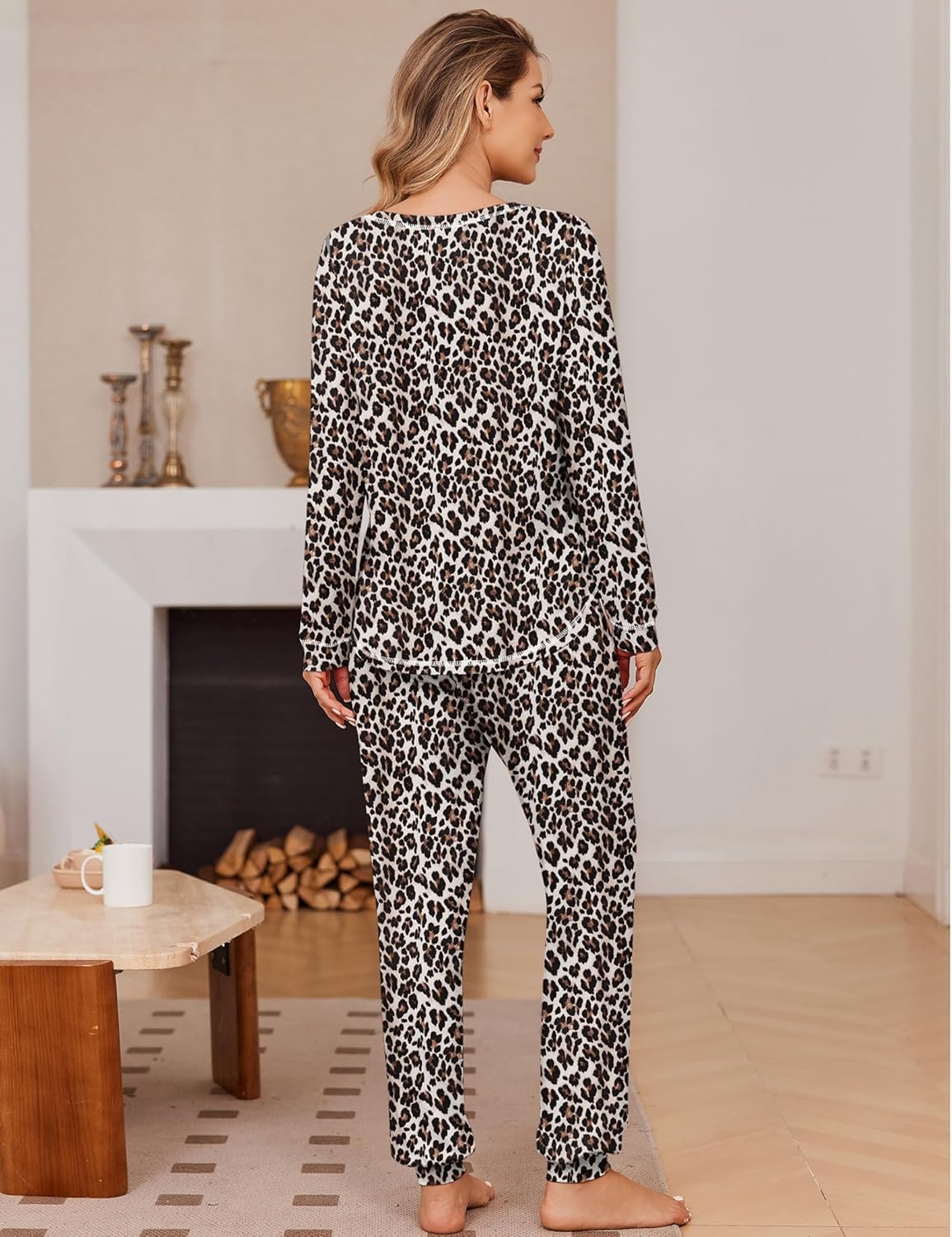 Leopard print long-sleeve pajama set with jogger pants, back view
