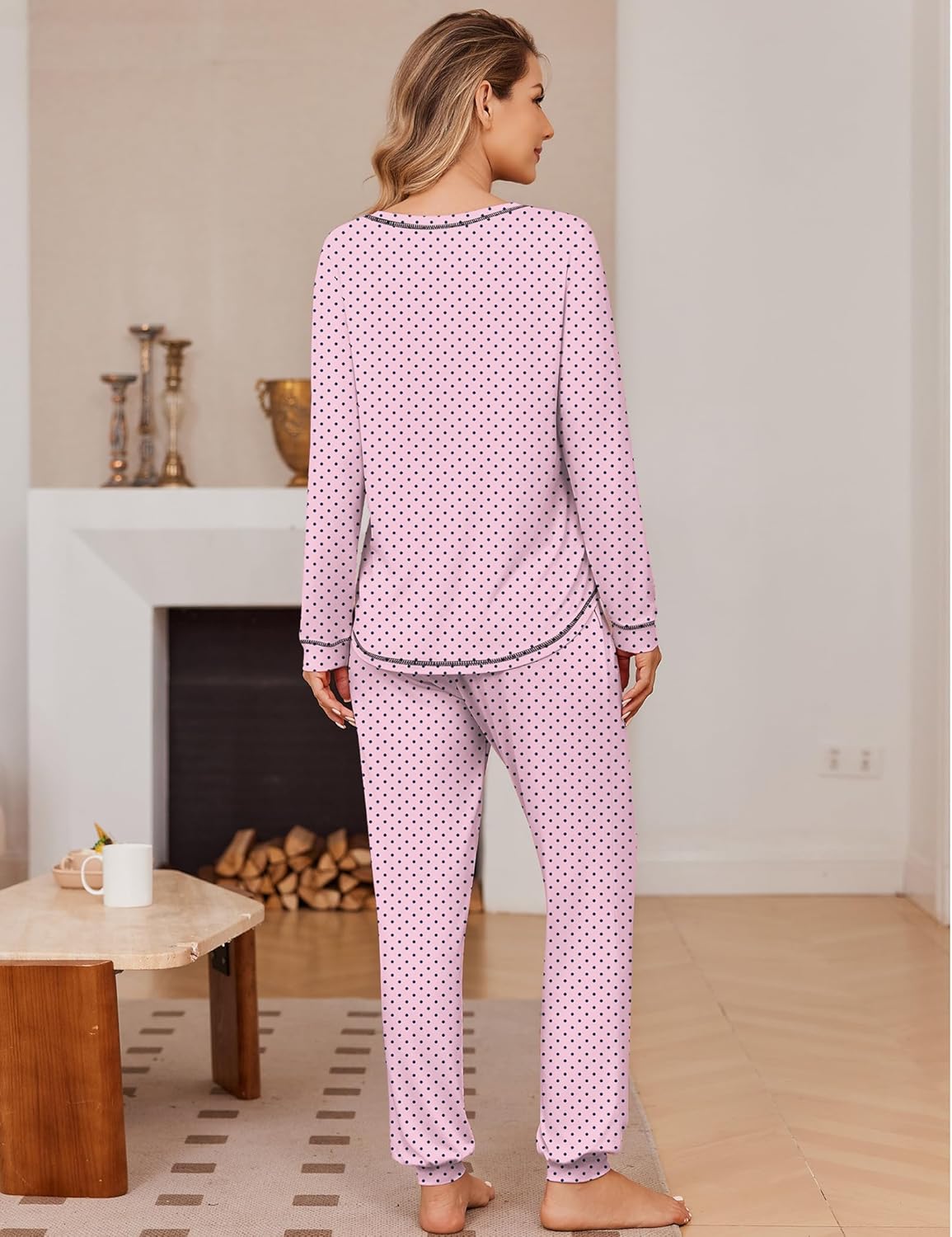 Pink polka-dot long-sleeve pajama set with jogger pants, back view