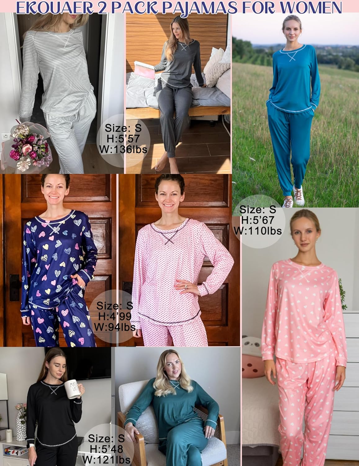 2-pack pajama sets for women in mixed patterns and colors, long sleeves and joggers