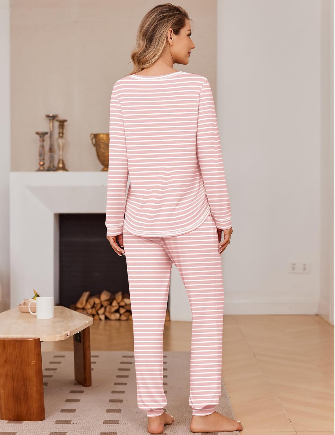2-pack pajama set jogger, long sleeves, light pink and white striped back