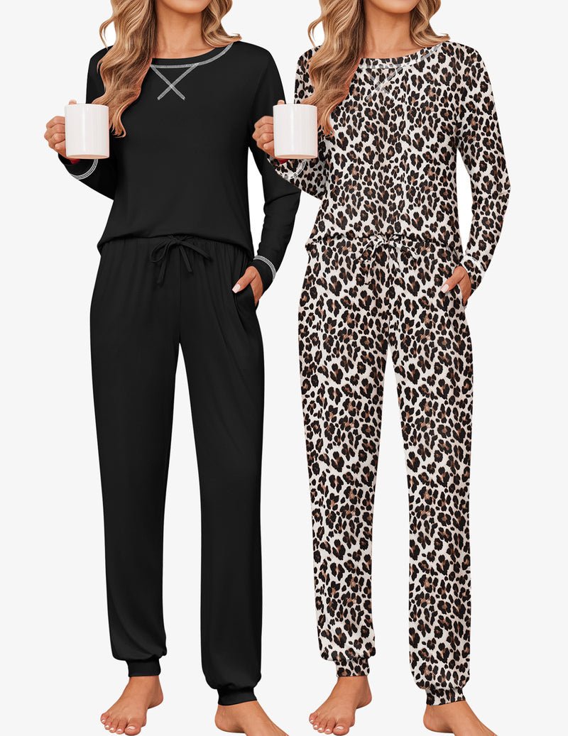 2-pack lounge set: solid black long-sleeve top and matching jogger pants plus leopard set