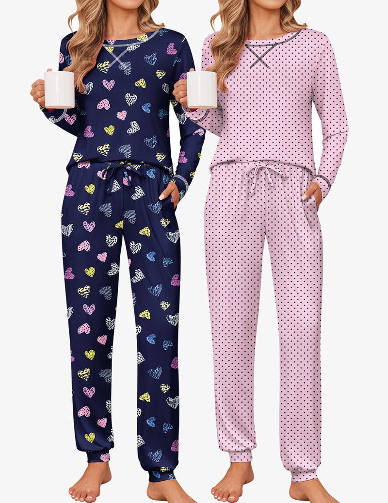 2-pack pajama set: navy with heart print and light pink with black polka dots, long-sleeve