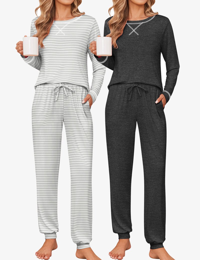 2-pack striped pajama set: light grey long-sleeve top with jogger pants and dark grey set
