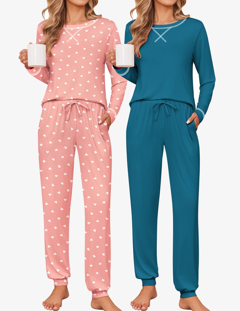 2-pack pajama set jogger: pink heart print and teal blue plain long-sleeve sets