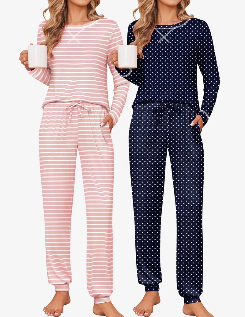 2-pack pajama set: pink-and-white striped top with jogger pants and navy polka-dot set