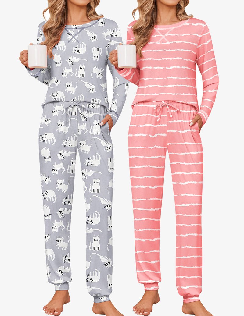 2-pack pajama set: grey animal-print long-sleeve joggers and pink wave-striped set