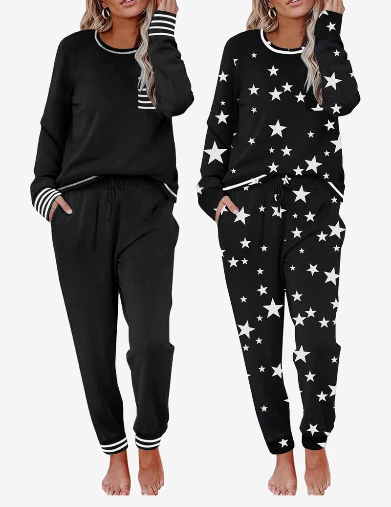 2 pack pajama sets, black solid and black star-print long-sleeve lounge pants