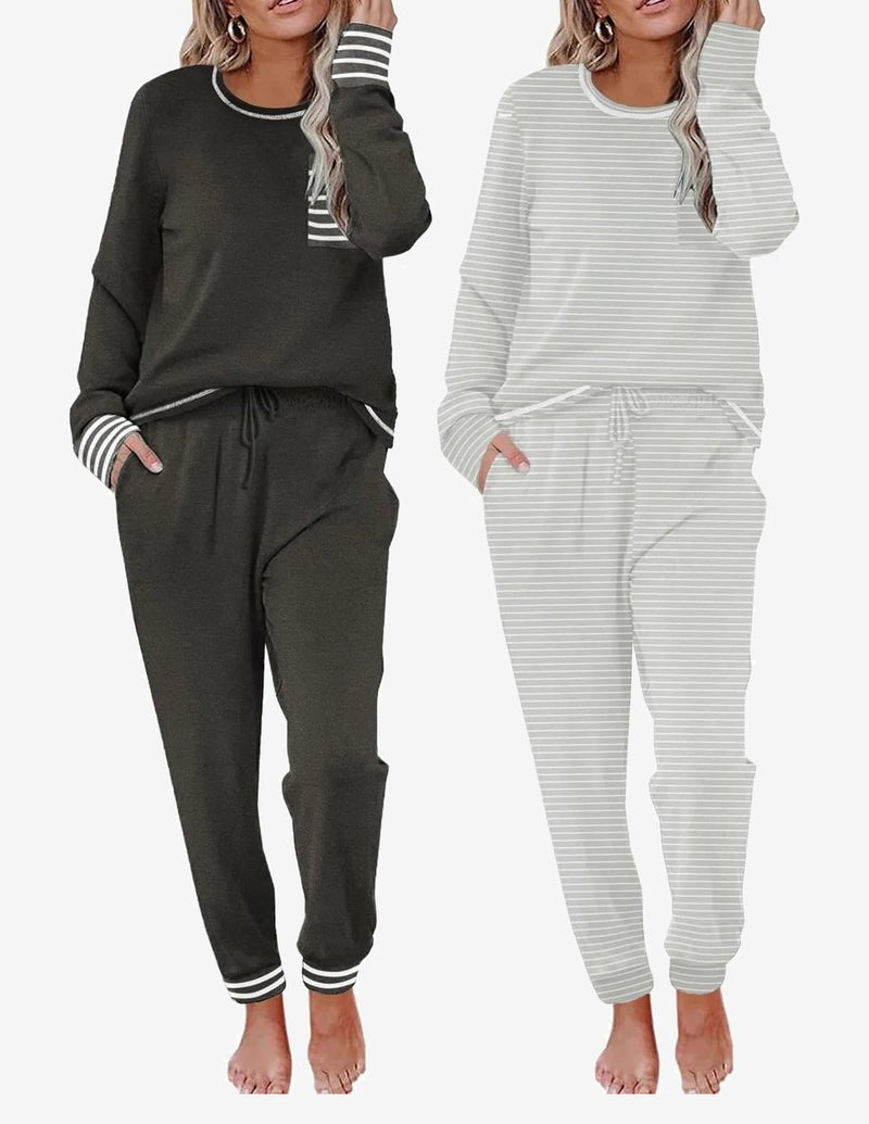 2 Pack long-sleeve lounge set: charcoal solid and light gray striped joggers with rib cuffs