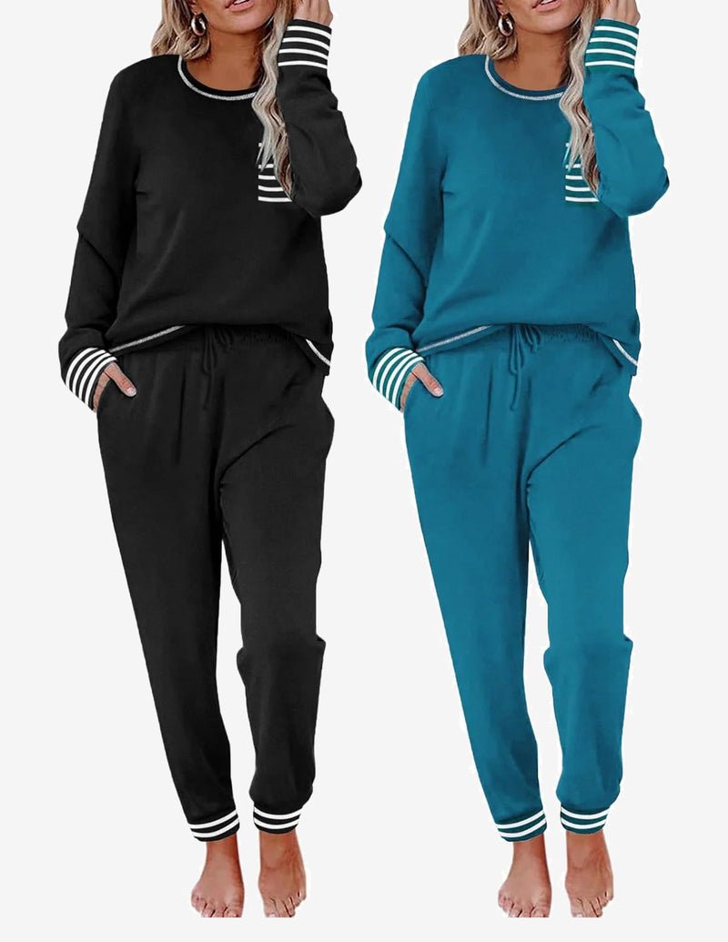 2 pack pajama sets, black solid and teal solid long-sleeve lounge joggers