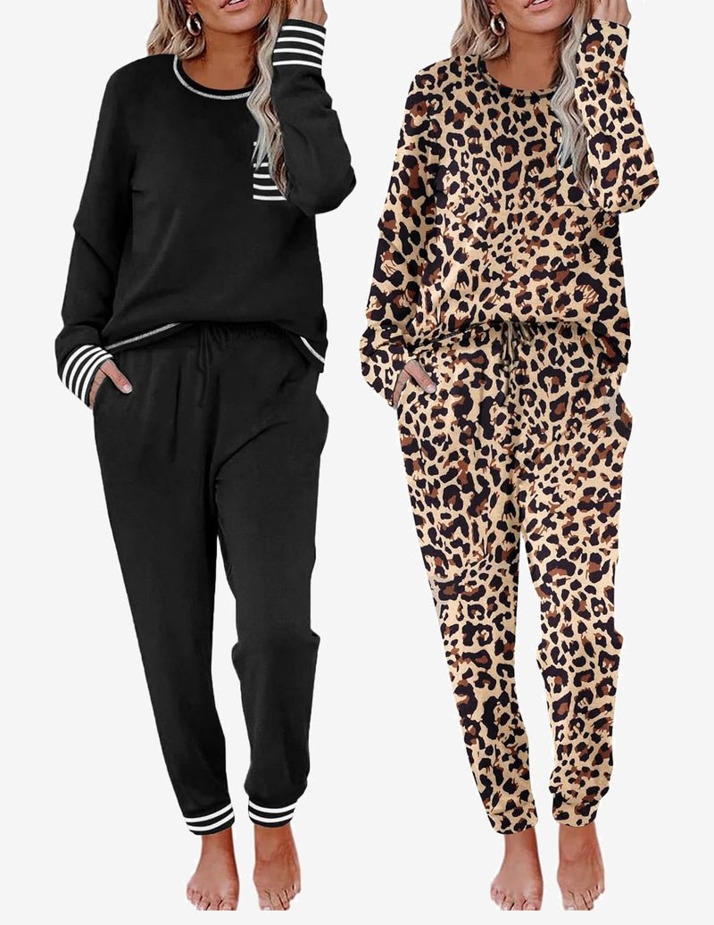 2 pack pajama sets, black solid and leopard-print long-sleeve lounge pants