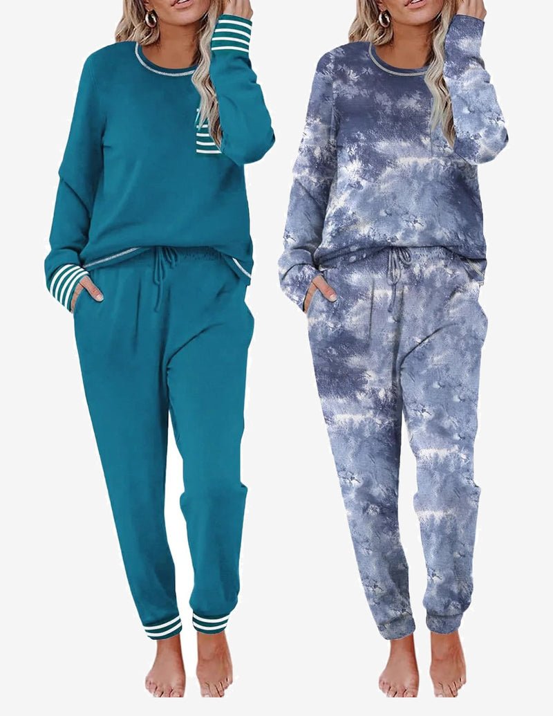 2 pack pajama sets, teal solid and blue tie-dye print long-sleeve lounge pants