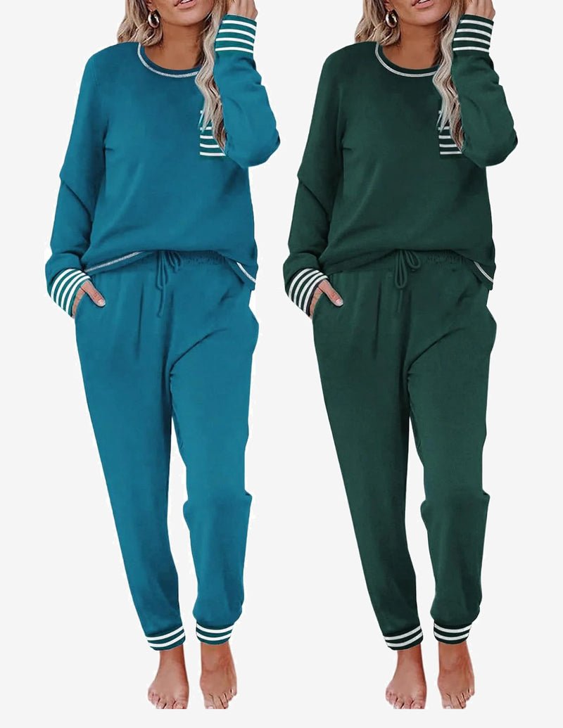 2 Pack long-sleeve lounge set with striped cuffs; teal and dark green jogger pants