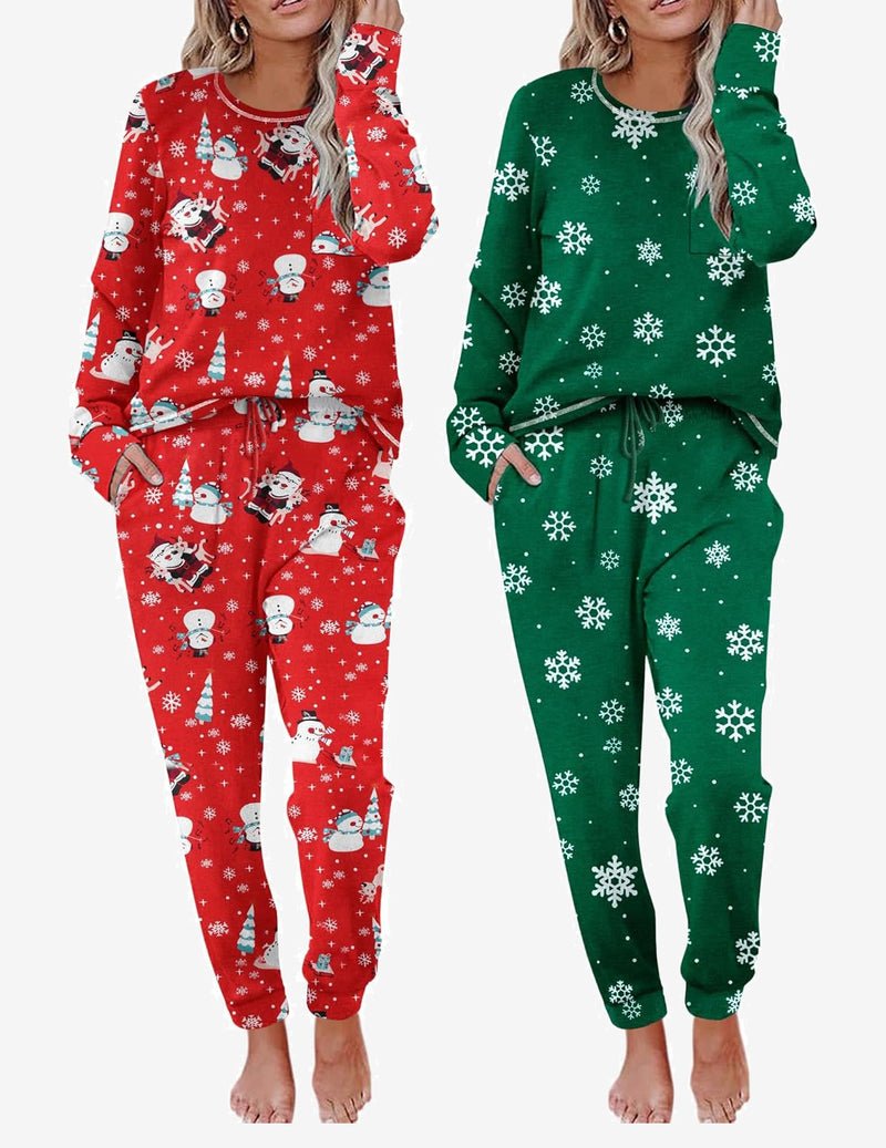 2 pack pajama sets, red holiday print and green snowflake print long-sleeve lounge