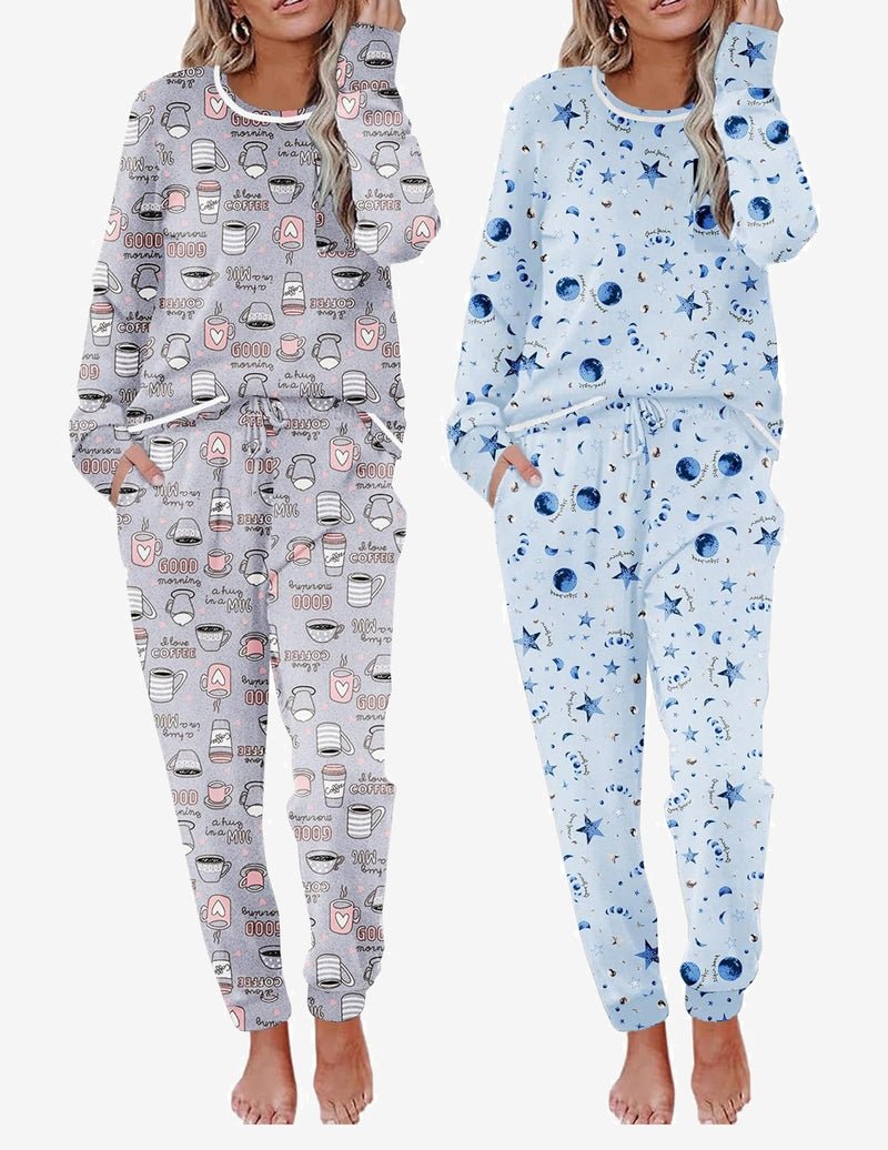 2 pack pajama sets, coffee print and light blue star print long-sleeve lounge pants