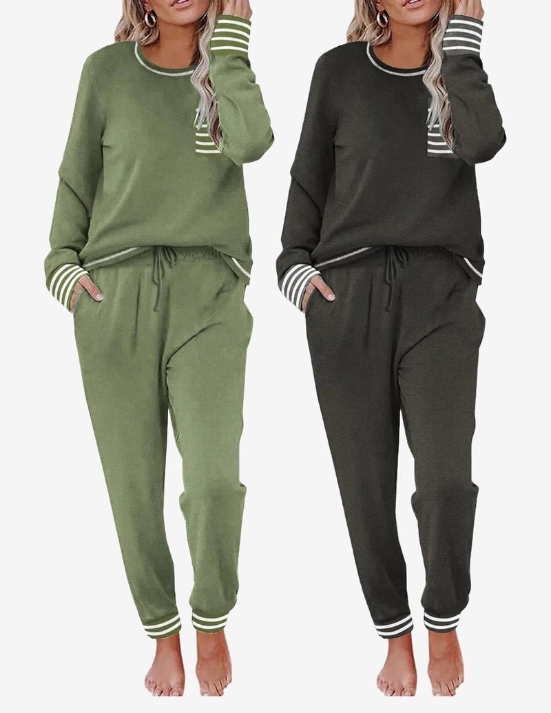 2 Pack long-sleeve lounge set: olive green solid and dark gray solid joggers with striped cuffs