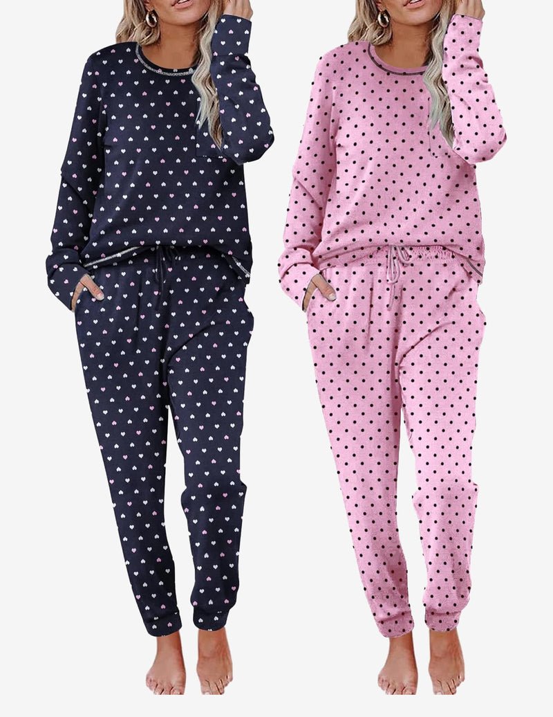 2 Pack long-sleeve lounge set: navy and pink with small heart-print joggers and drawstring