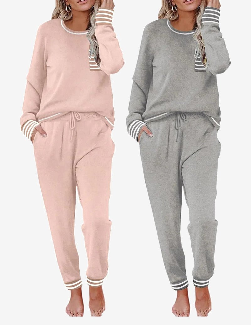 2 pack pajama sets, blush pink and light gray solid long-sleeve lounge joggers