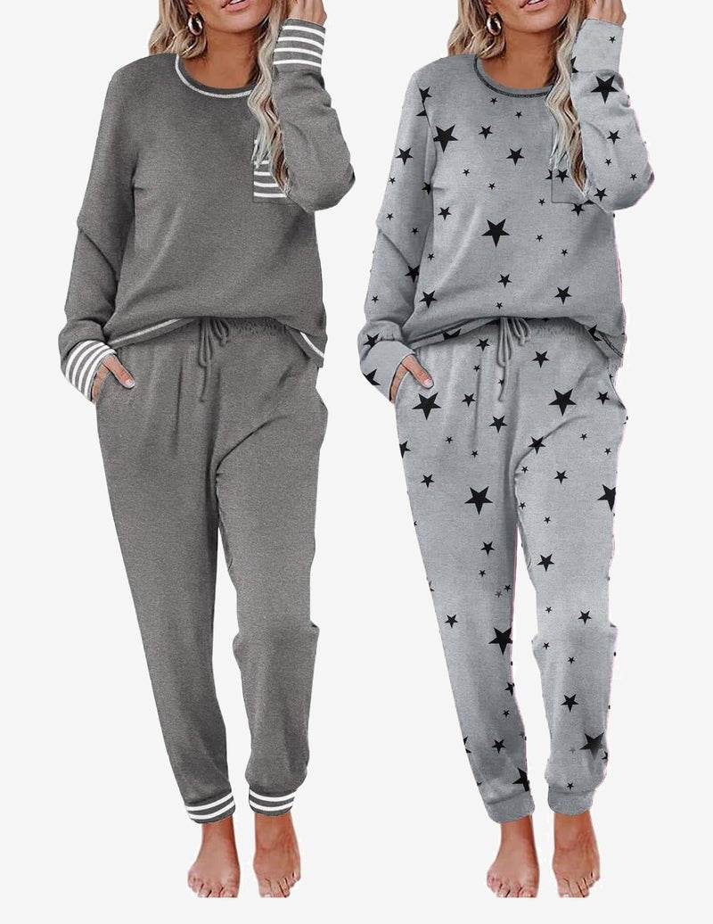 2 Pack long-sleeve lounge set in heather gray and light gray with star print joggers
