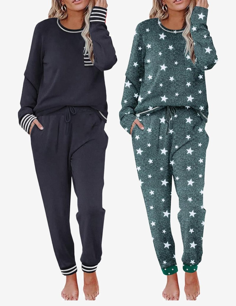 2 Pack long-sleeve lounge set: solid navy and teal star-print joggers with drawstring