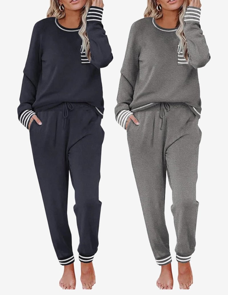 2 Pack long-sleeve lounge set in dark navy and heather gray; striped rib cuff joggers
