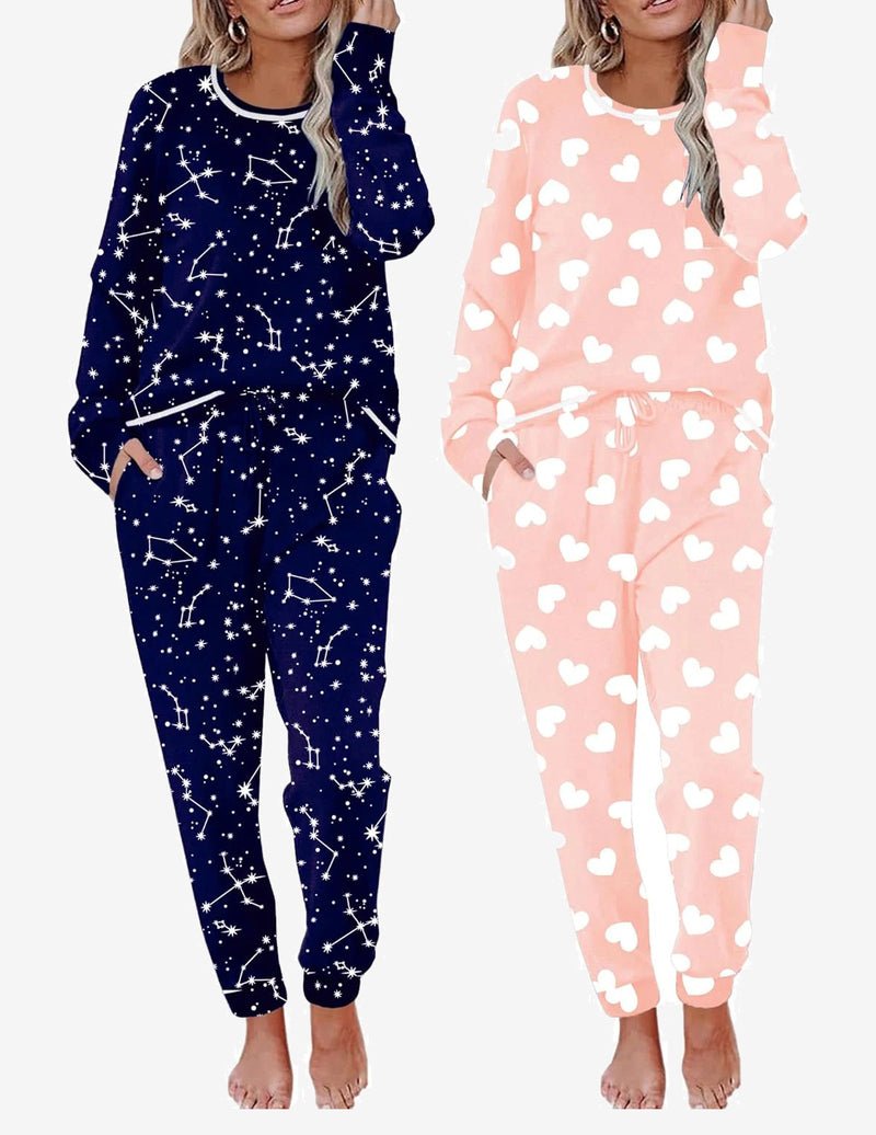 2 pack pajama sets, navy constellation star print and pale pink heart print long-sleeve